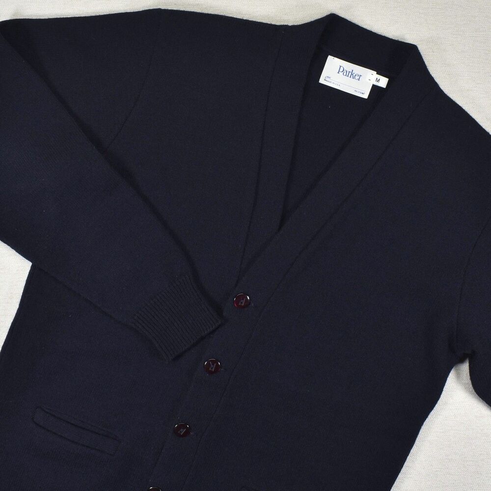 Vintage Parker Cardigan Sweater Mens Medium Navy Blue Wool Knit Made In USA 80s